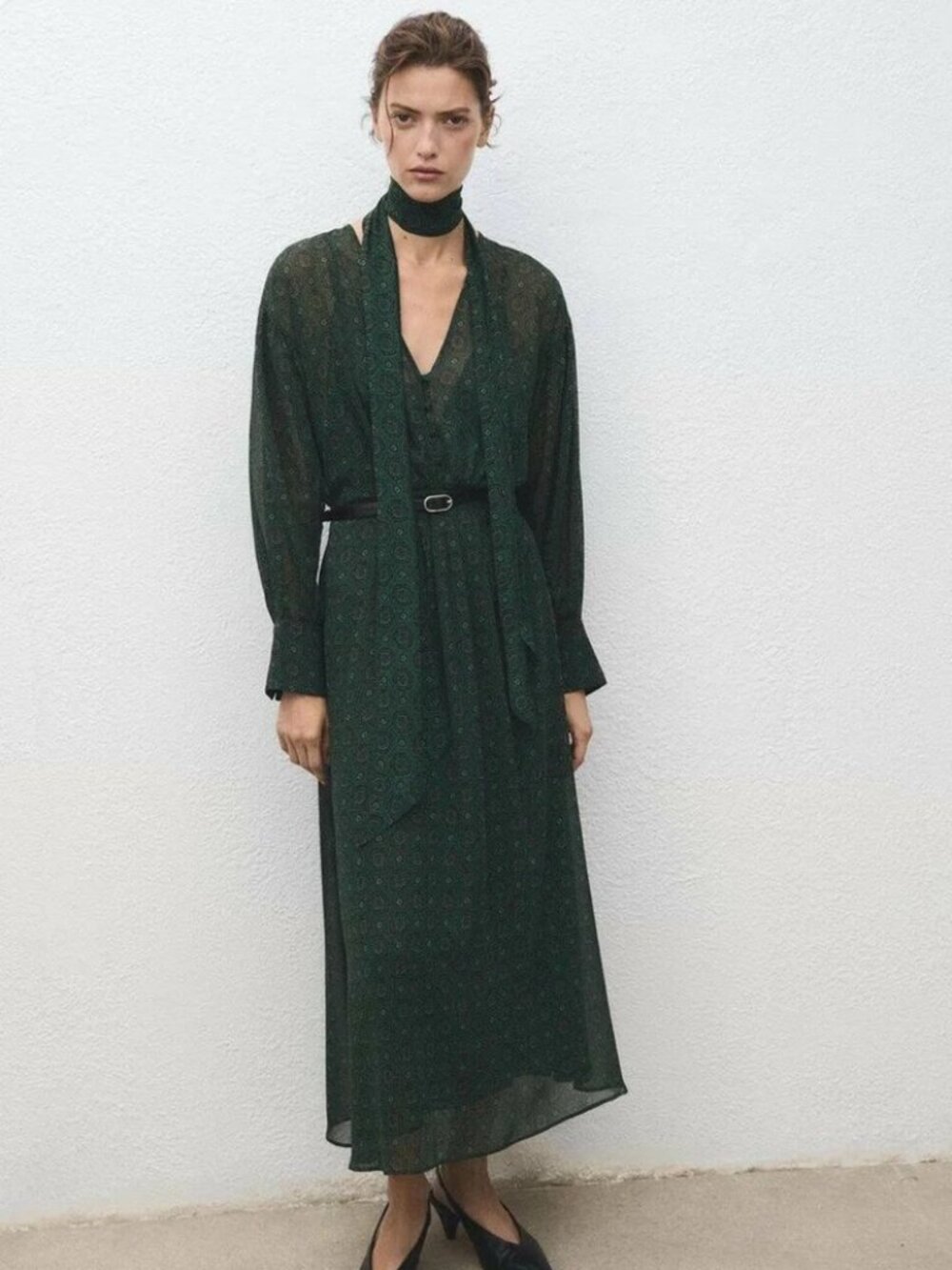 Mango Green Medallion Print Dress XS Long Sleeve Belted + Scarf Boho Chic Lined